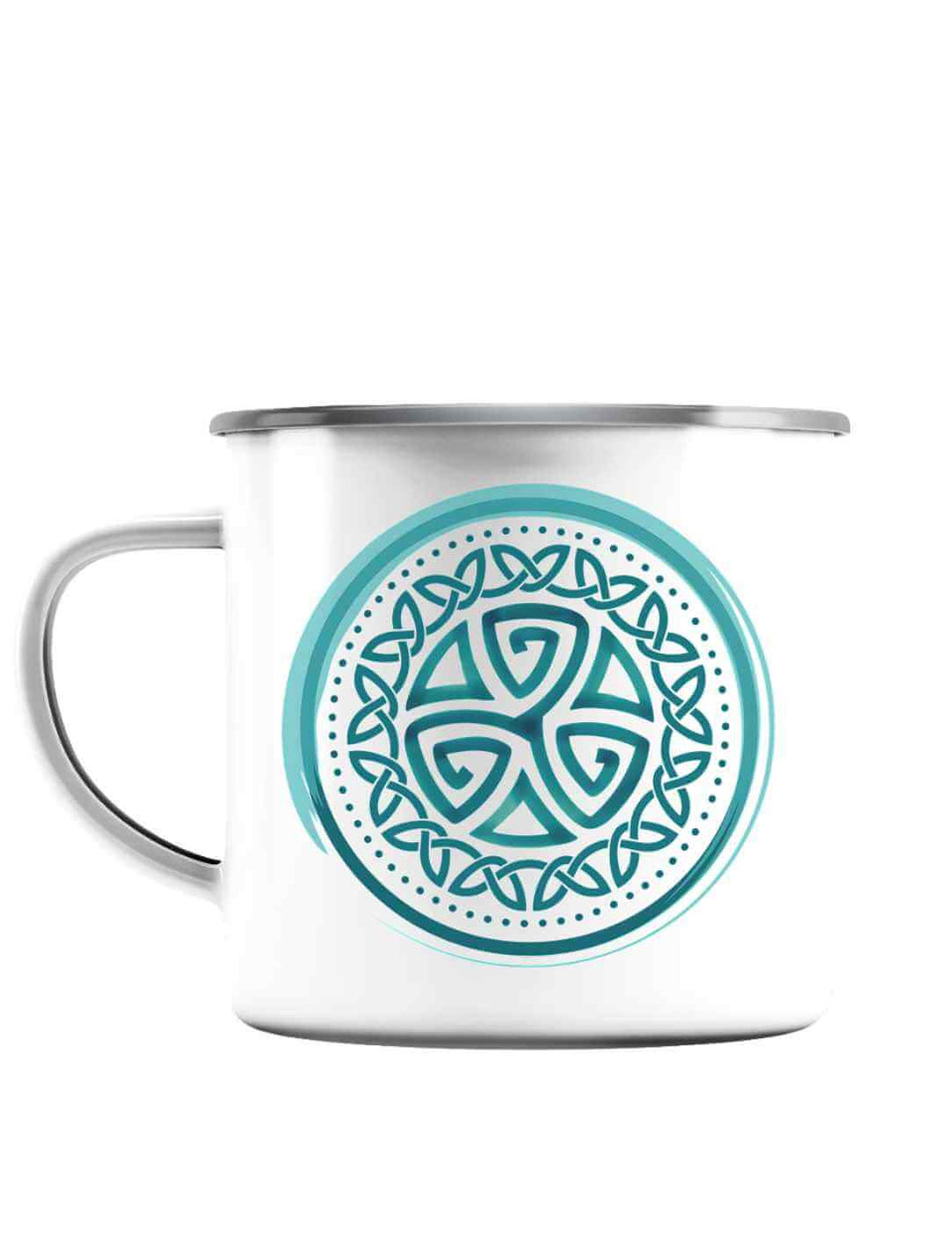 Weiße Emaille-Tasse „Aqua Triskele“ mit silbernem Rand, Motiv in Türkis, Henkel links.