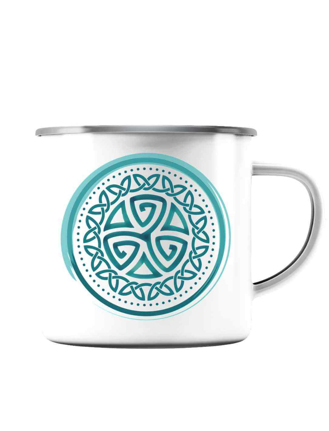 Weiße Emaille-Tasse „Aqua Triskele“ mit silbernem Rand, Motiv in Türkis, Henkel rechts.