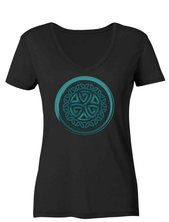 Aqua Triskele Damen V-Neck Shirt in Schwarz – inspiriert von Wasser und keltischer Symbolik