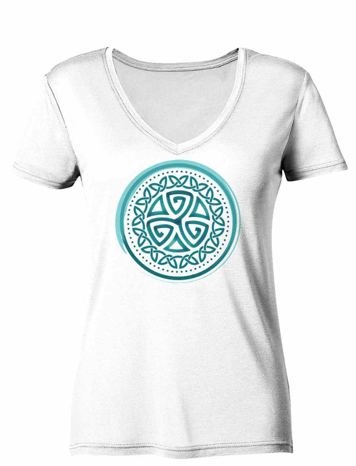 Aqua Triskele Damen V-Neck Shirt in Weiß – mit mystischem Triskele-Motiv in Türkis