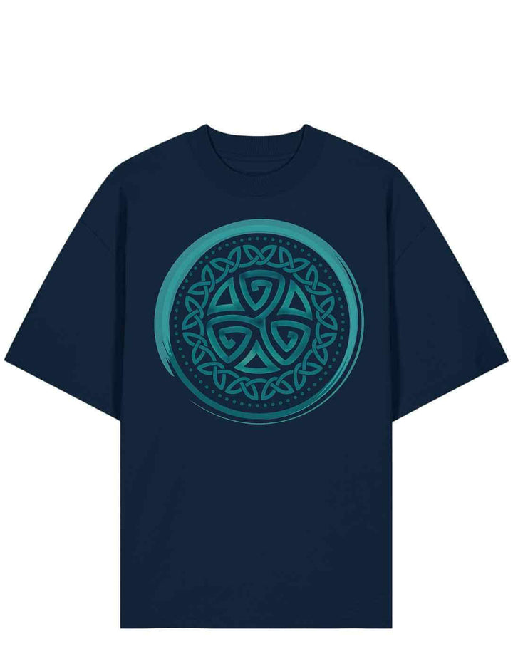 Aqua Triskele Oversized Bio-T-Shirt in Weiß – Unisex mit keltischem Symbol in kontrastierendem Türkis