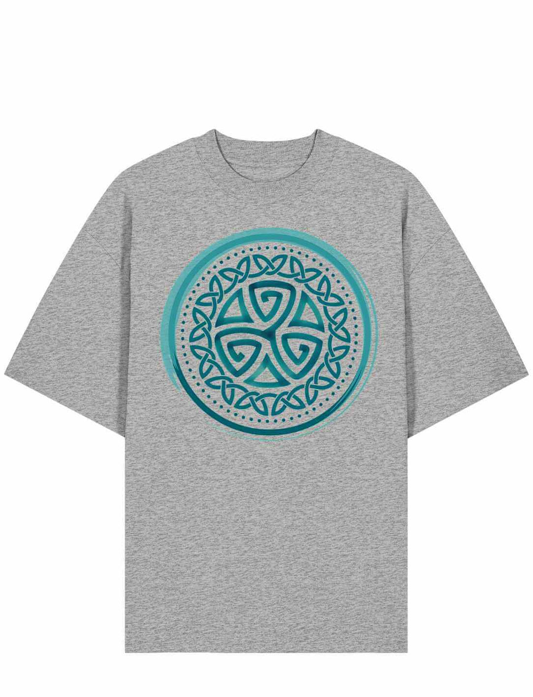 Heather Grey Aqua Triskele Unisex Shirt – Oversized Fit mit mystischem keltischen Symbol auf weicher Bio-Baumwolle.