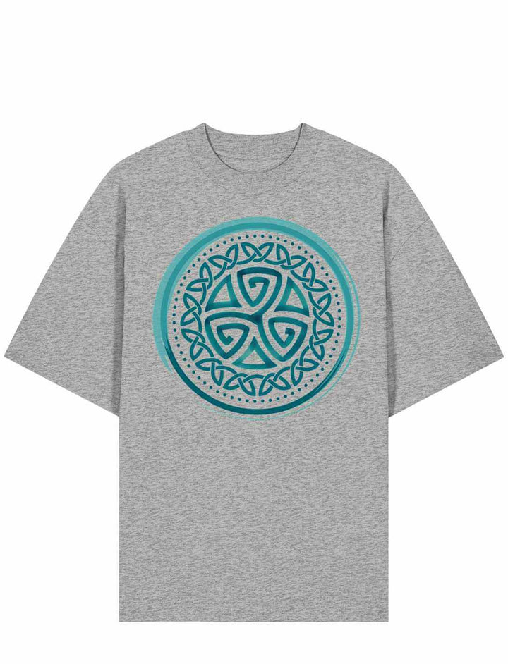 Heather Grey Aqua Triskele Unisex Shirt – Oversized Fit mit mystischem keltischen Symbol auf weicher Bio-Baumwolle.