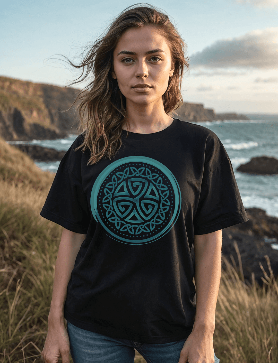 Model trägt das schwarze Aqua Triskele Unisex Bio-Shirt in Oversized-Passform vor maritimer Kulisse bei Sonnenuntergang.