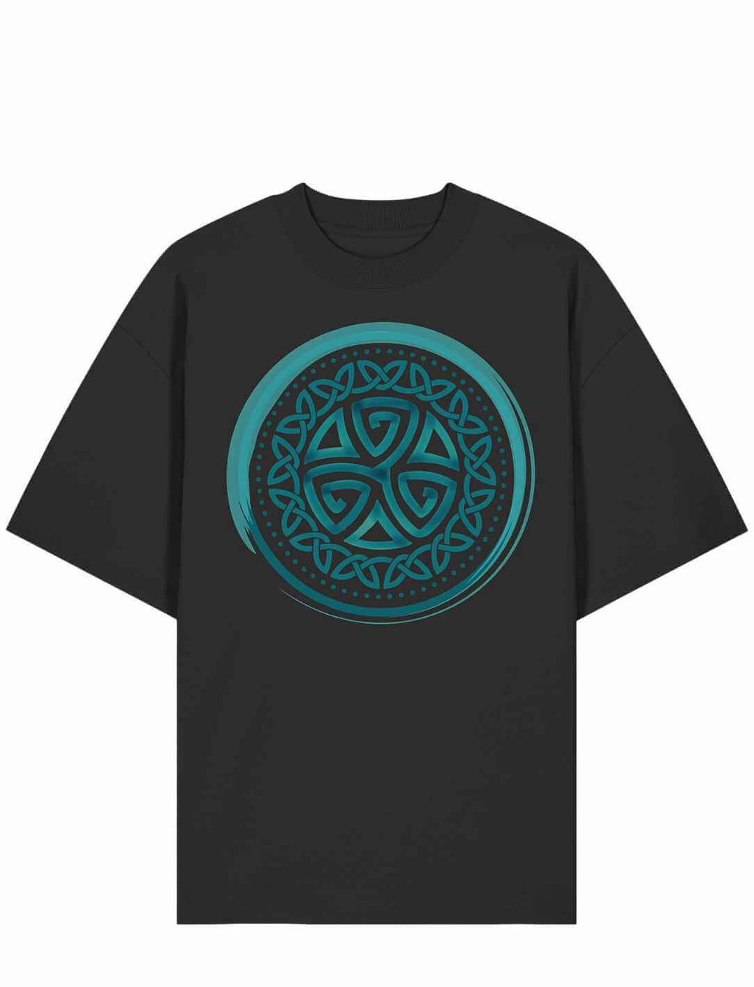 Aqua Triskele Unisex Bio-Shirt in Schwarz – Oversized Schnitt mit keltischem Triskele-Design in Türkis auf der Front.