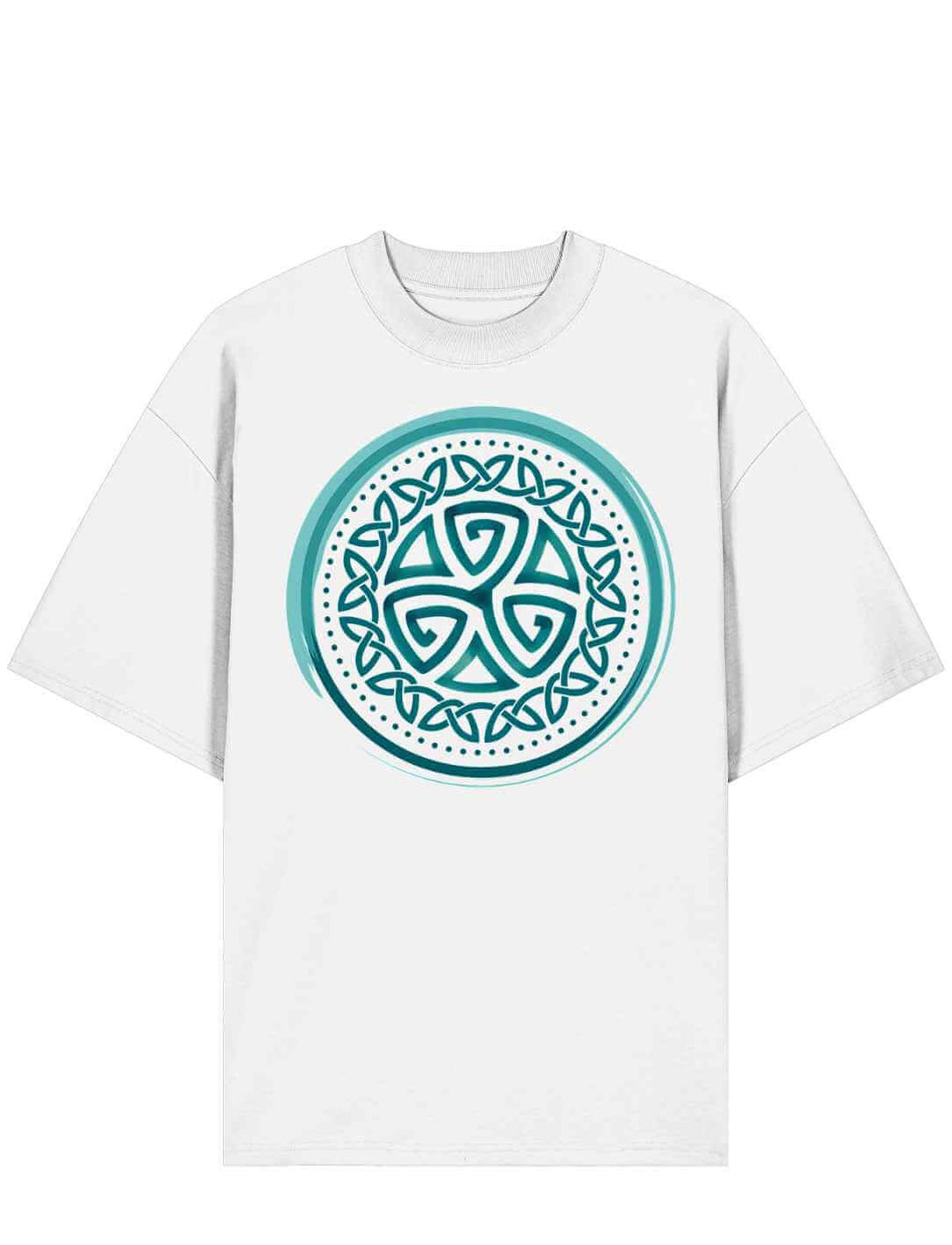 Aqua Triskele Oversized Bio-T-Shirt in Weiß – Unisex mit keltischem Symbol in kontrastierendem Türkis.