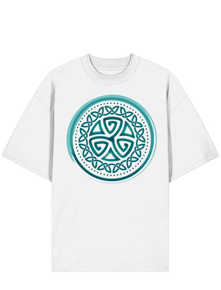 Aqua Triskele Oversized Bio-T-Shirt in Weiß – Unisex mit keltischem Symbol in kontrastierendem Türkis.