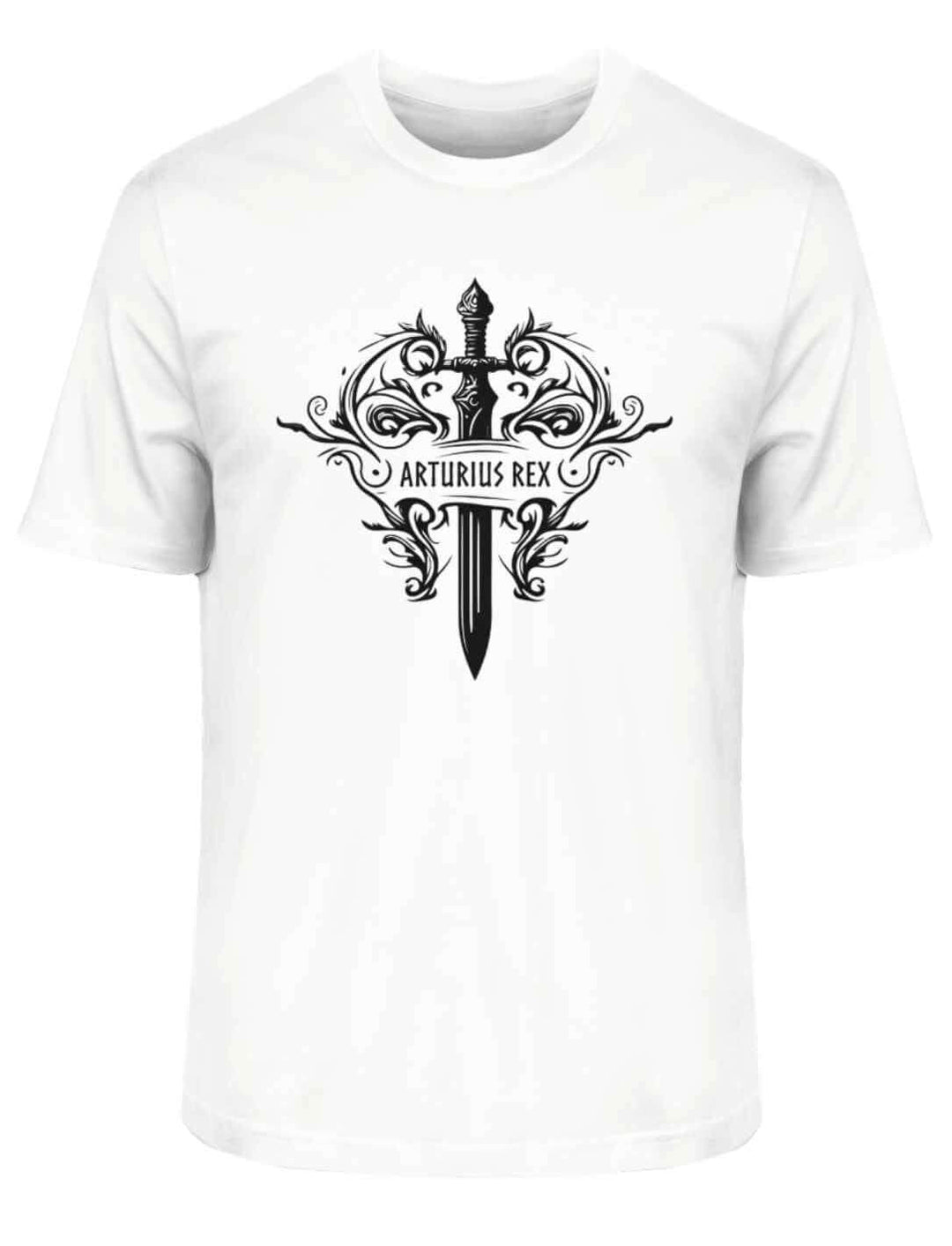 "Arturius Rex"-T-Shirt in Weiss zeigt das legendäre Excalibur und keltische Symbole auf weißem Hintergrund.