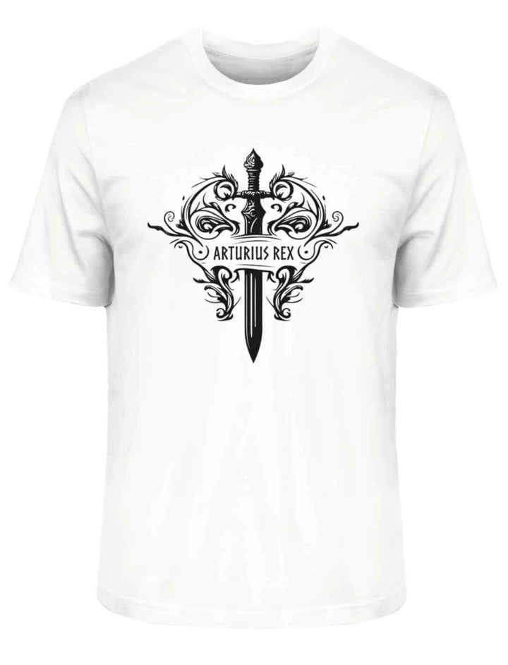 "Arturius Rex"-T-Shirt in Weiss zeigt das legendäre Excalibur und keltische Symbole auf weißem Hintergrund.