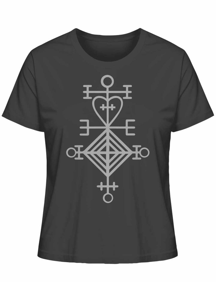 Astarstafur Damen T-Shirt in Anthrazit auf weißem Hintergrund – Anthrazites T-Shirt mit dem isländischen Symbol des Astarstafur, das Liebe und Schutz symbolisiert.
