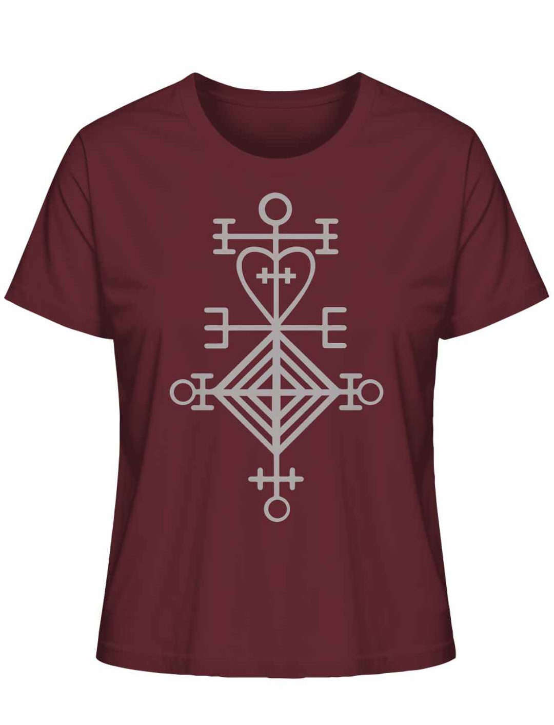 Astarstafur Damen T-Shirt in Burgund auf weißem Hintergrund –  Burgundes T-Shirt mit dem isländischen Symbol des Astarstafur, das Liebe und Schutz symbolisiert.