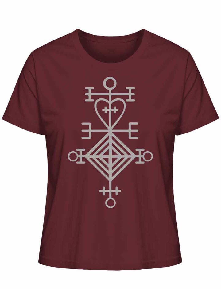 Astarstafur Damen T-Shirt in Burgund auf weißem Hintergrund –  Burgundes T-Shirt mit dem isländischen Symbol des Astarstafur, das Liebe und Schutz symbolisiert.