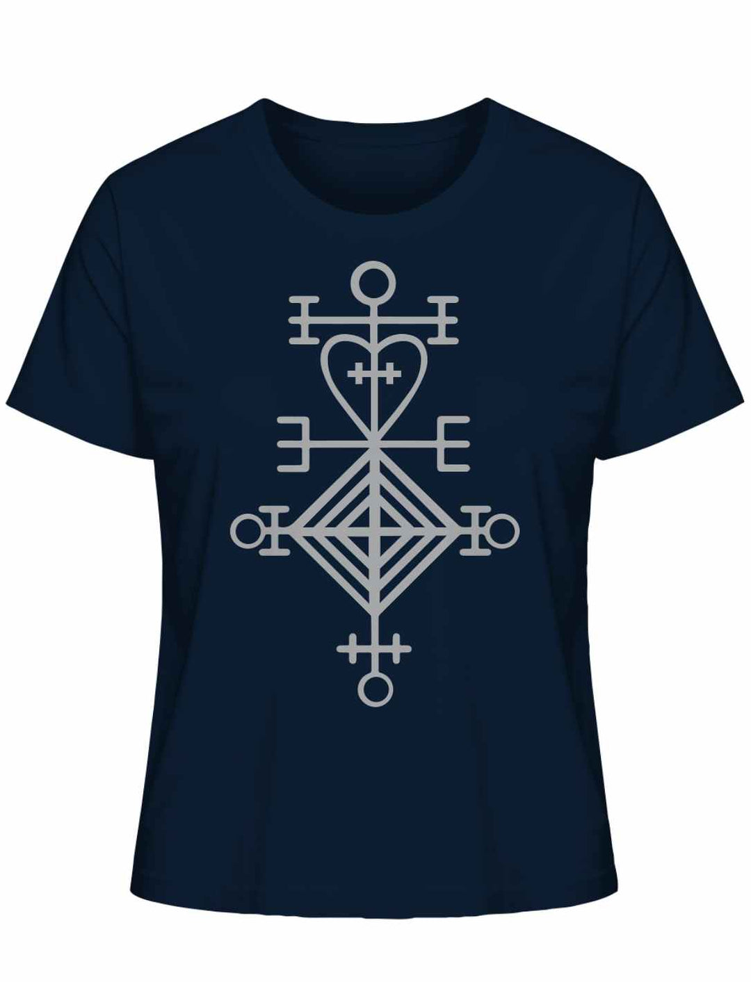 Astarstafur Damen T-Shirt in French Navy auf weißem Hintergrund – Tiefblaues T-Shirt mit dem isländischen Symbol des Astarstafur, das Liebe und Schutz symbolisiert.