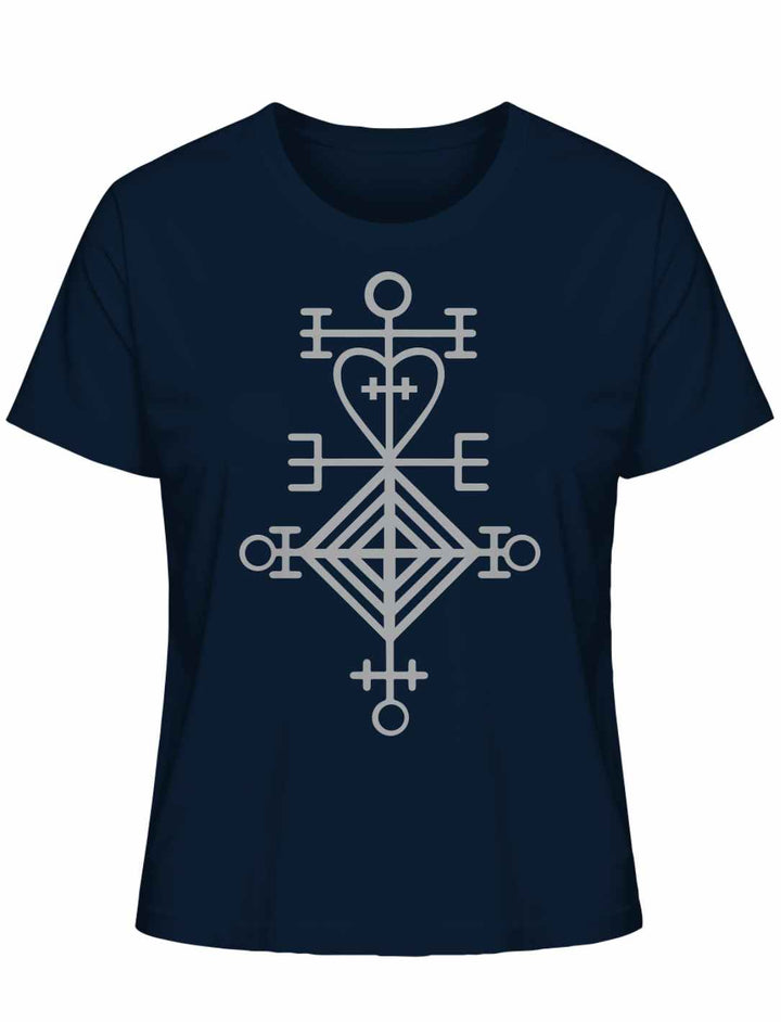 Astarstafur Damen T-Shirt in French Navy auf weißem Hintergrund – Tiefblaues T-Shirt mit dem isländischen Symbol des Astarstafur, das Liebe und Schutz symbolisiert.