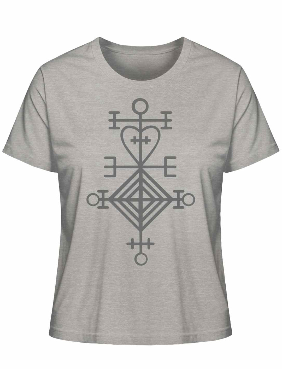 Astarstafur Damen T-Shirt in Heather Grey auf weißem Hintergrund – Graues T-Shirt mit dem isländischen Symbol des Astarstafur, inspiriert von Liebe und Schutz.