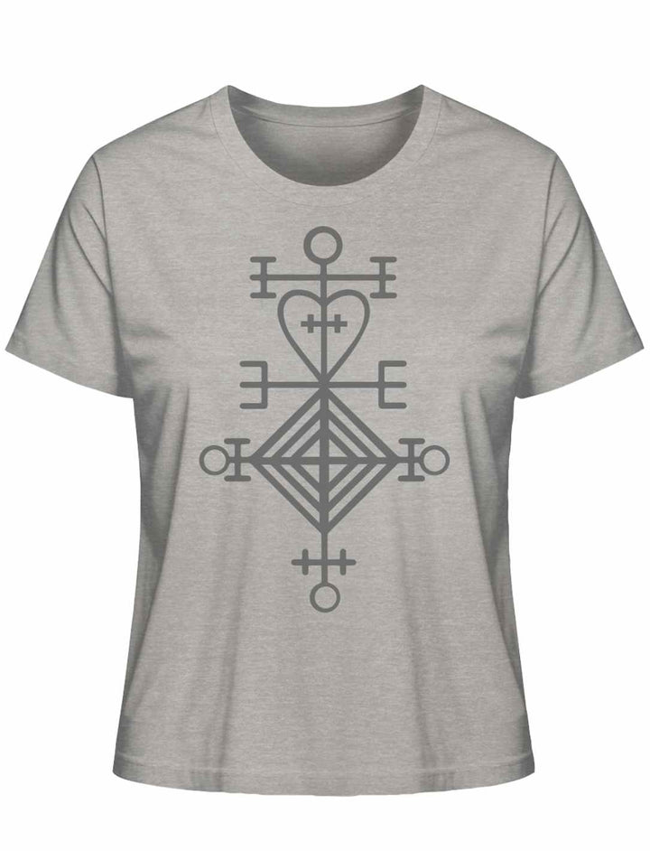 Astarstafur Damen T-Shirt in Heather Grey auf weißem Hintergrund – Graues T-Shirt mit dem isländischen Symbol des Astarstafur, inspiriert von Liebe und Schutz.