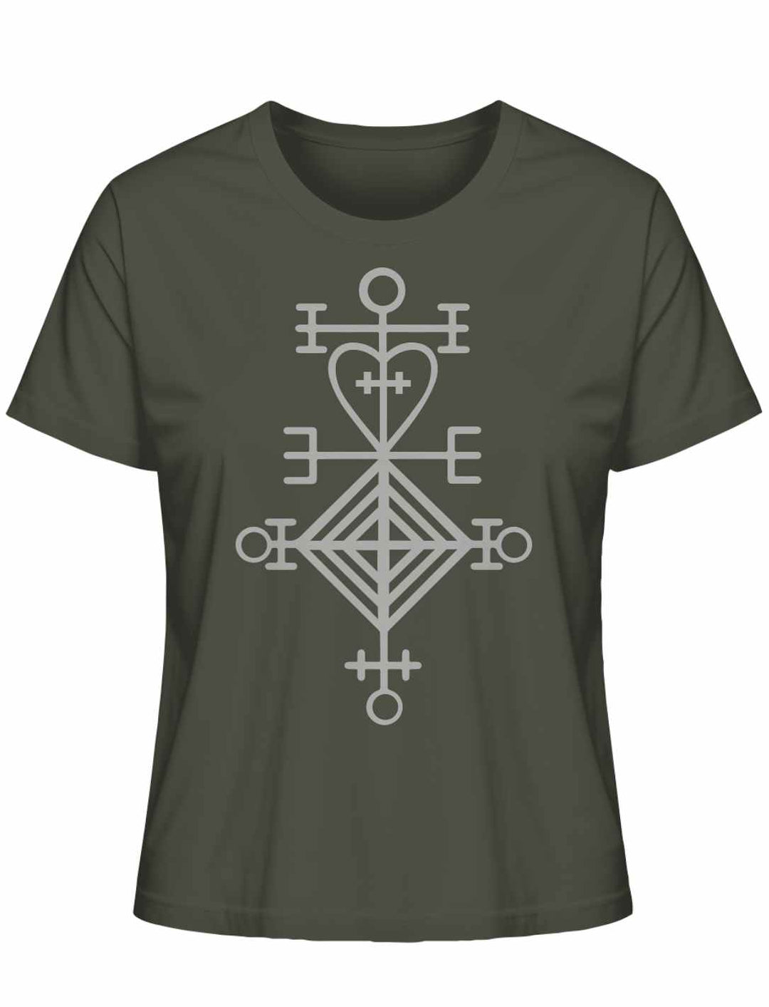 Astarstafur Damen T-Shirt in Khaki auf weißem Hintergrund – Khakifarbenes T-Shirt mit dem isländischen Symbol des Astarstafur, das Liebe und Schutz symbolisiert.