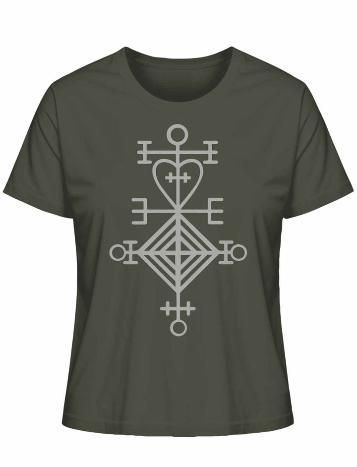 Astarstafur Damen T-Shirt in Khaki auf weißem Hintergrund – Khakifarbenes T-Shirt mit dem isländischen Symbol des Astarstafur, das Liebe und Schutz symbolisiert.