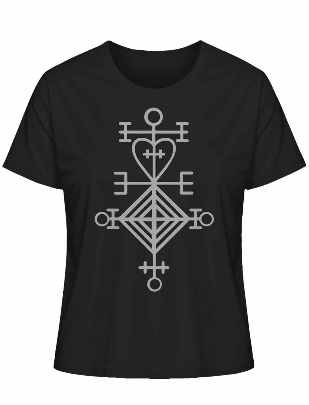 Astarstafur Damen T-Shirt in Schwarz auf weißem Hintergrund – Kraftvolles isländisches Symbol für Liebe und Schutz, inspiriert von nordischer Tradition