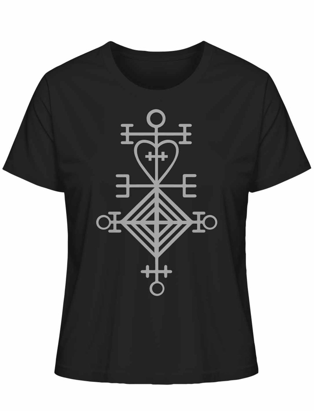 Astarstafur Damen T-Shirt in Schwarz auf weißem Hintergrund – Kraftvolles isländisches Symbol für Liebe und Schutz, inspiriert von nordischer Tradition
