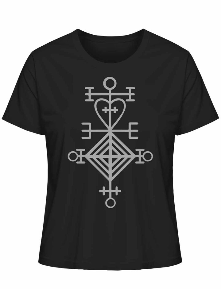 Astarstafur Damen T-Shirt in Schwarz auf weißem Hintergrund – Kraftvolles isländisches Symbol für Liebe und Schutz, inspiriert von nordischer Tradition