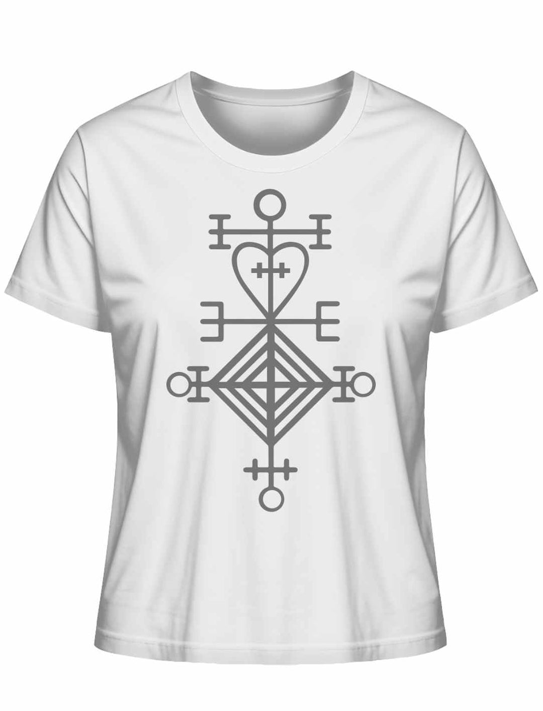 Astarstafur Damen T-Shirt in Weiss auf weissem Hintergrund – Weisses T-Shirt mit dem isländischen Symbol des Astarstafur, das Liebe und Schutz symbolisiert.