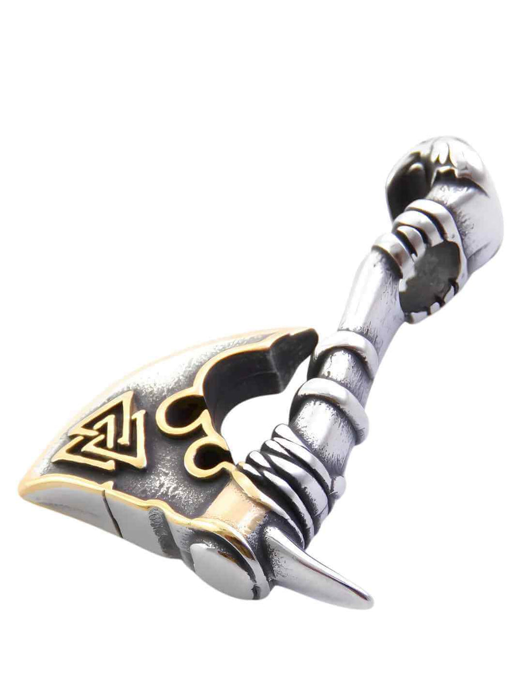 Detailansicht einer edlen Edelstahl-Axt mit Valknut und goldenen Akzenten – inspiriert von nordischer Mythologie