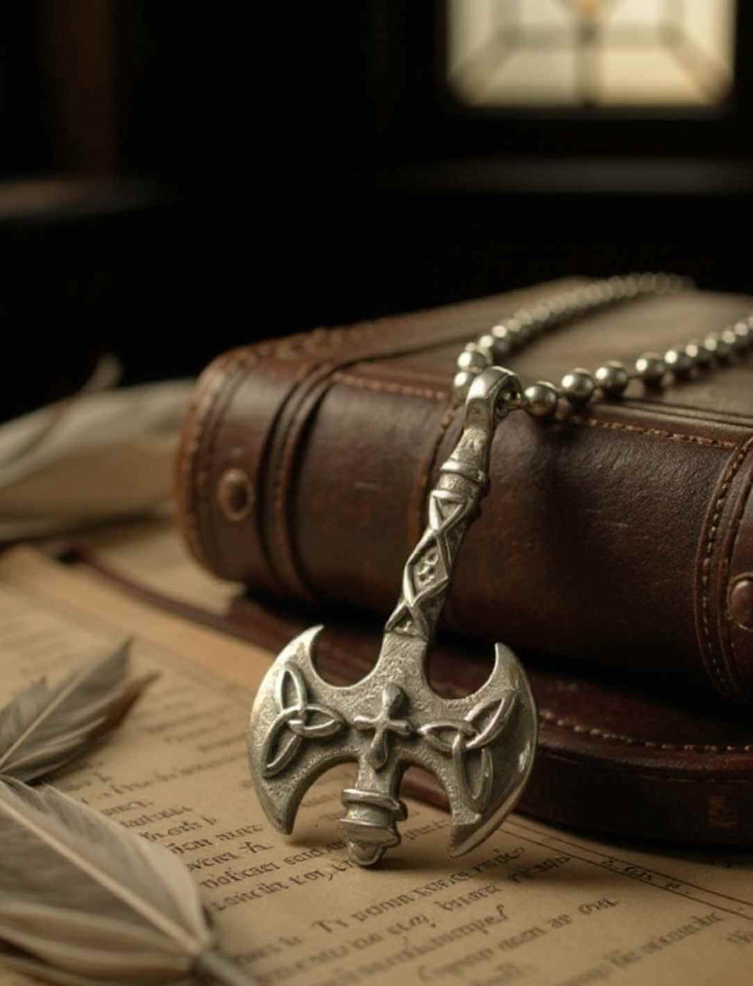 Edelstahl-Axtanhänger mit keltischem Knotenmuster, liegend auf Buchseiten neben Feder an Edelstahlkette silberfarben.