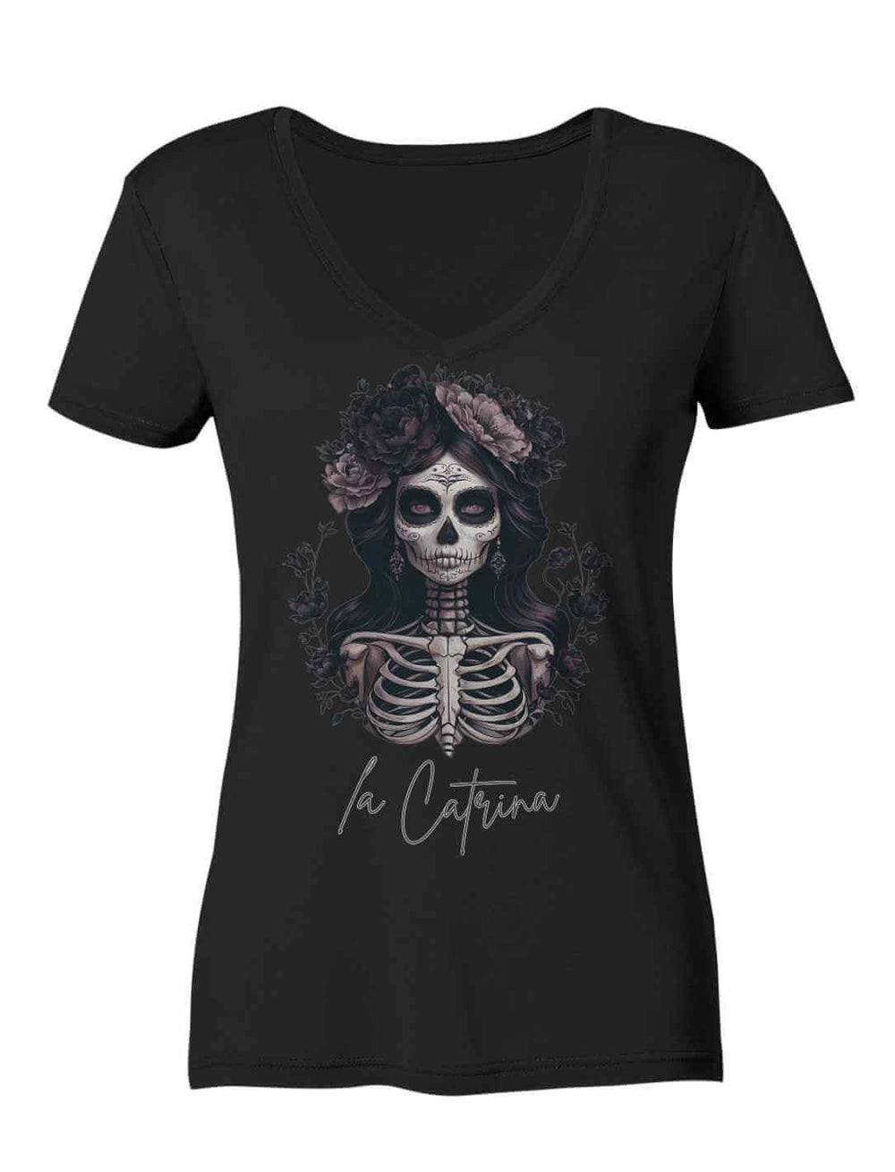 Catrina Deluxe Damen V-Neck Shirt in Schwarz, mit ikonischem La Catrina Design, fotografiert auf weißem Hintergrund.
