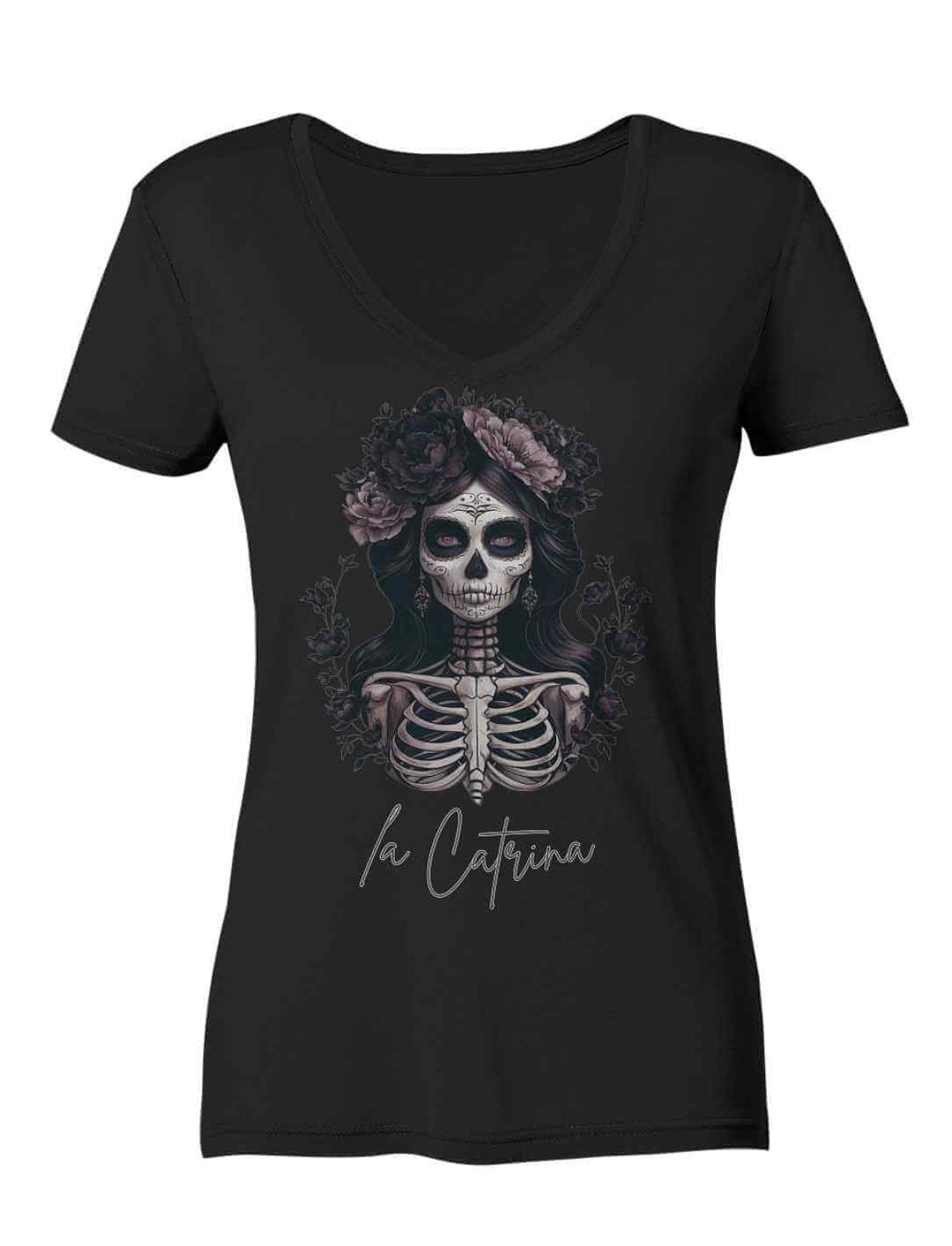 Catrina Deluxe Damen V-Neck Shirt in Schwarz, mit ikonischem La Catrina Design, fotografiert auf weißem Hintergrund.