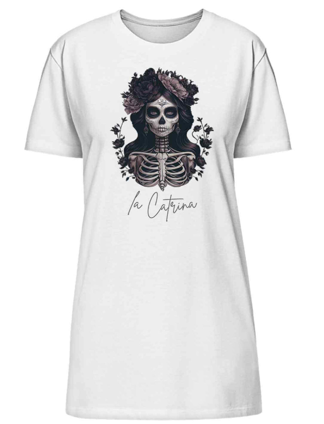 Catrina Deluxe T-Shirt Kleid in weiss. Elegantes Damenkleid mit Catrina-Design aus 100% Bio-Baumwolle auf weissem Hintergrund fotografiert.