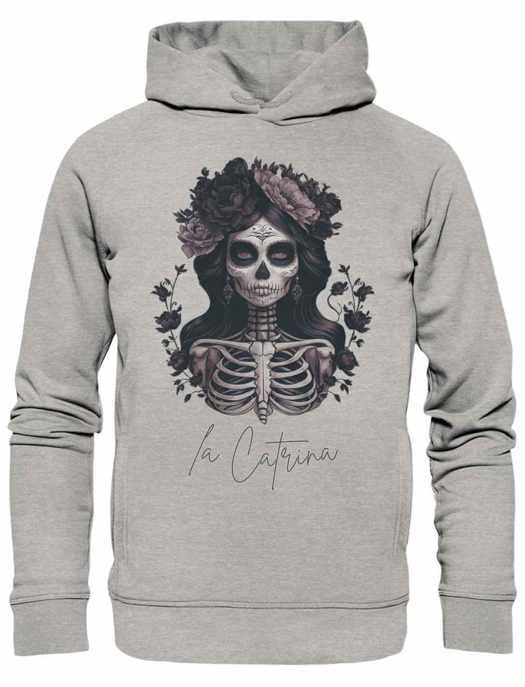 Unisex Hoodie in Heather Grey mit detailreichem Catrina Deluxe Print – Die Verbindung von Tradition und modernem Stil, festgehalten auf einem weißen Hintergrund