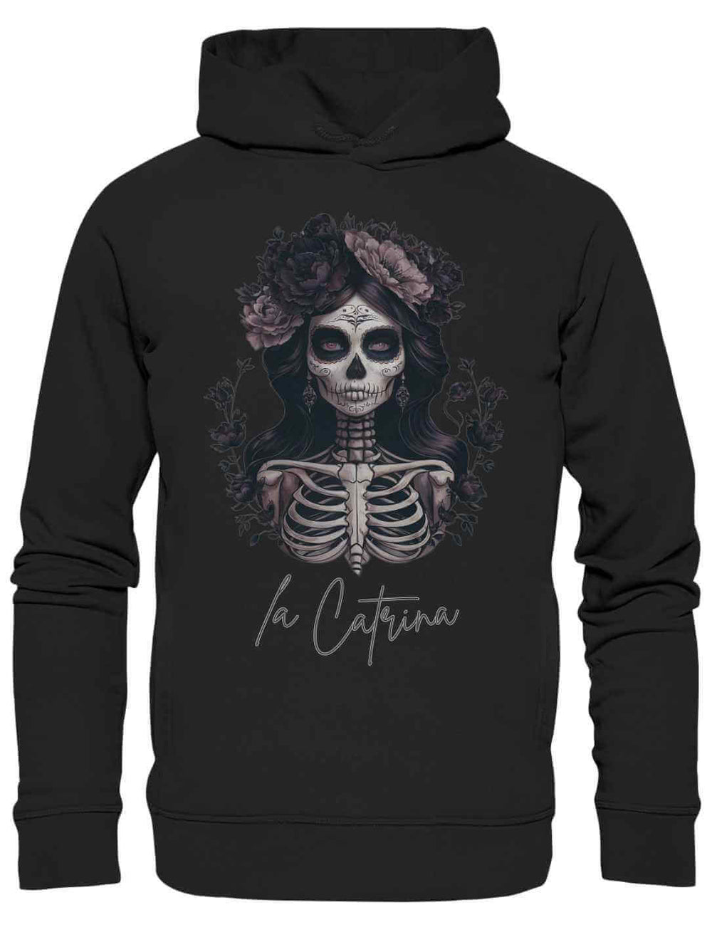 Unisex Hoodie in Schwarz mit kunstvollem Catrina Deluxe Design – Mystik des Día de los Muertos, kunstvoll verewigt auf weichem Stoff, präsentiert auf weißem Hintergrund.