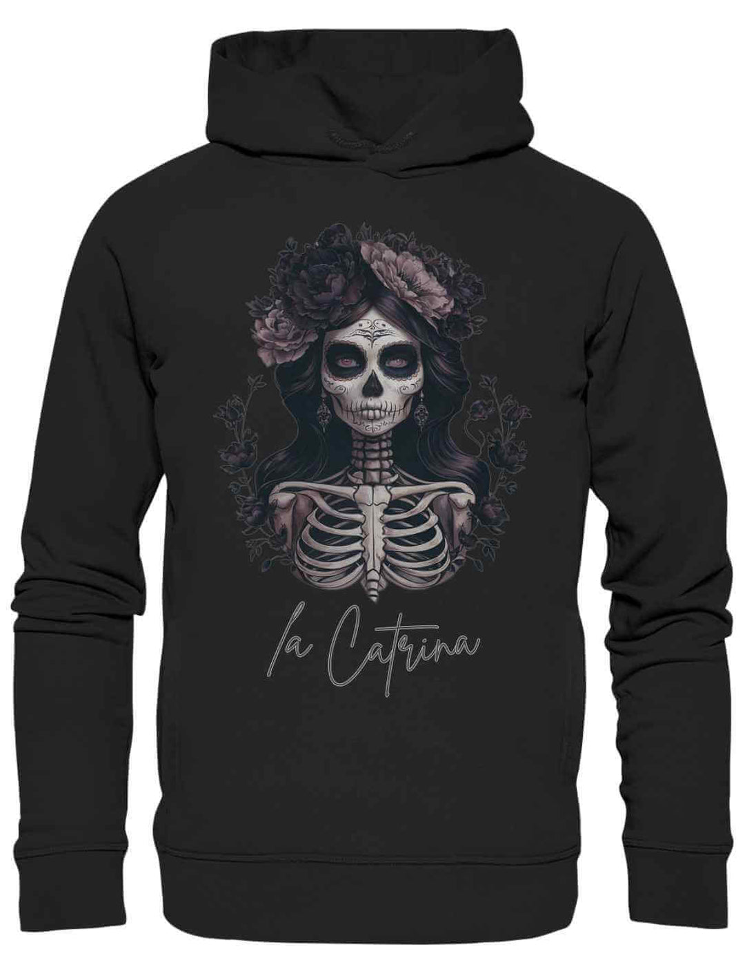 Unisex Hoodie in Schwarz mit kunstvollem Catrina Deluxe Design – Mystik des Día de los Muertos, kunstvoll verewigt auf weichem Stoff, präsentiert auf weißem Hintergrund.
