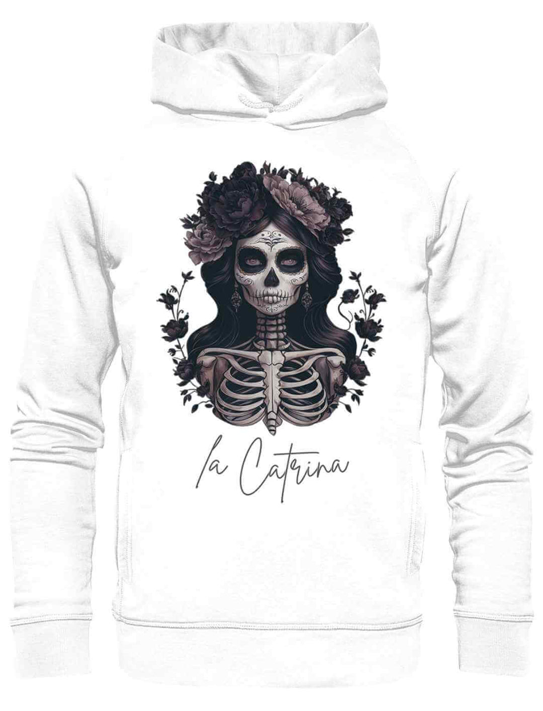Unisex Hoodie in Weiss mit lebendigem Catrina Deluxe Motiv – Die Eleganz mexikanischer Kultur in einer modernen Interpretation, abgebildet auf weissem Hintergrund.