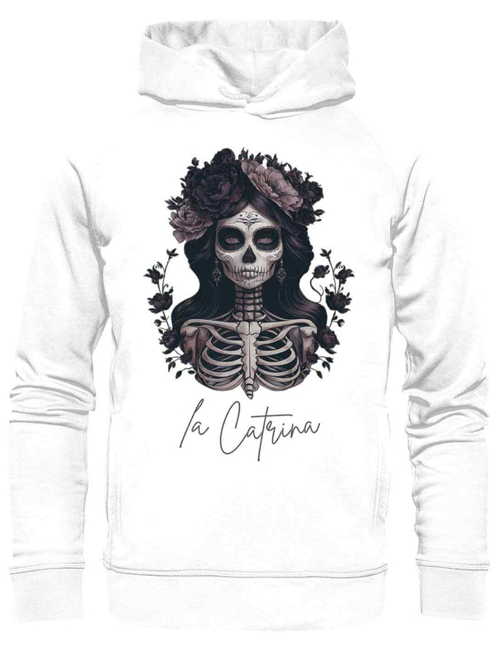 Unisex Hoodie in Weiss mit lebendigem Catrina Deluxe Motiv – Die Eleganz mexikanischer Kultur in einer modernen Interpretation, abgebildet auf weissem Hintergrund.