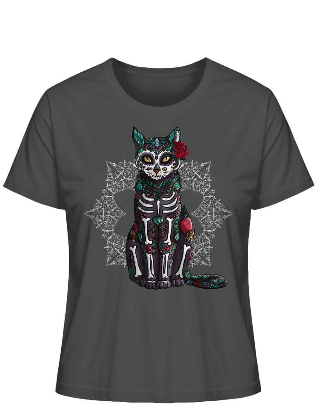 Catrina Felina Damen T-Shirt in Anthrazit – Produktabbildung auf weißem Hintergrund mit Katzenkunst im mexikanischen Festtagsstil.