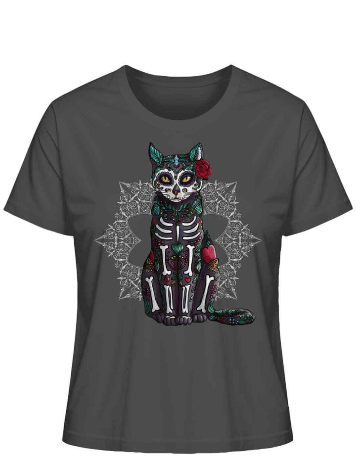 Catrina Felina Damen T-Shirt in Anthrazit – Produktabbildung auf weißem Hintergrund mit Katzenkunst im mexikanischen Festtagsstil.