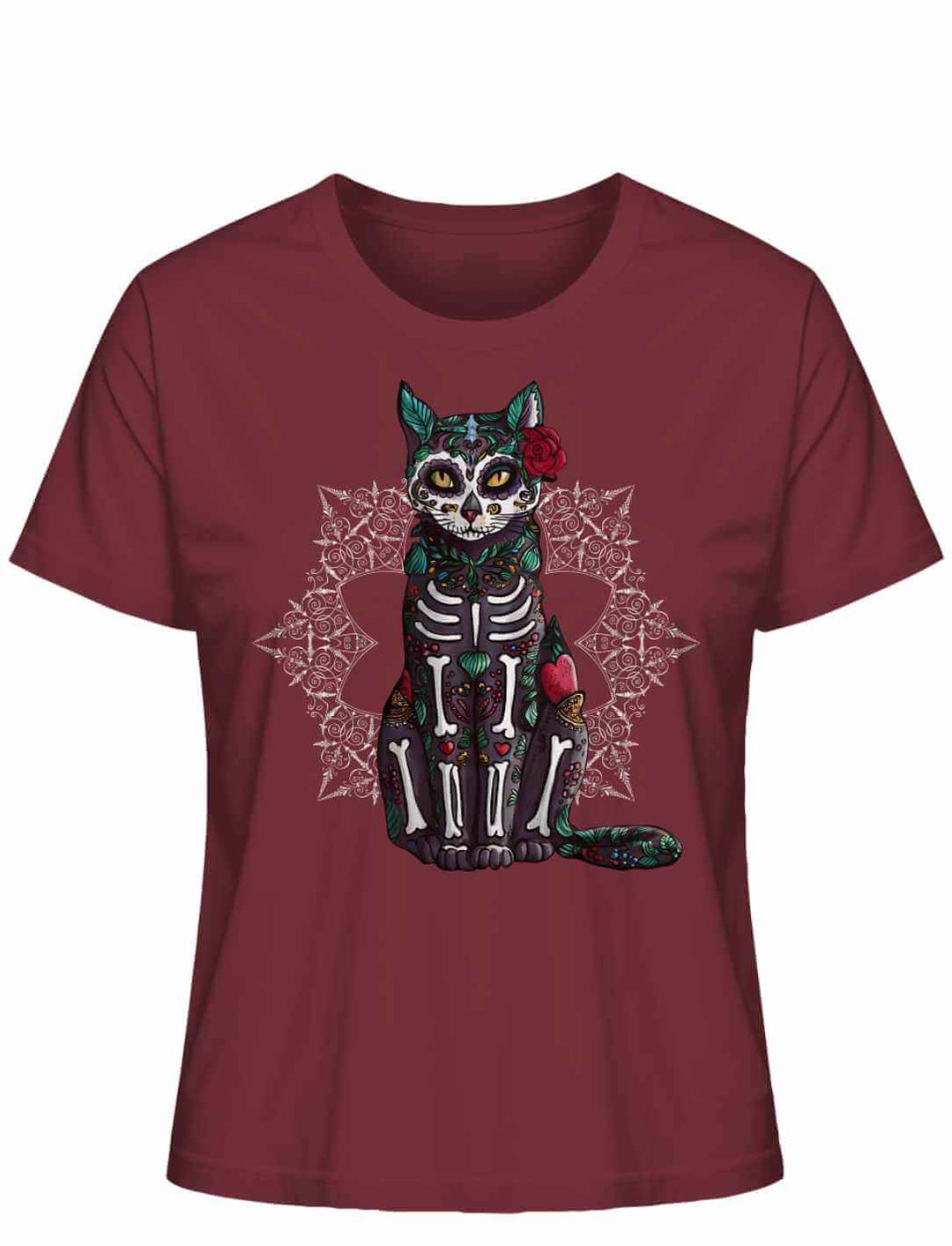 Catrina Felina Damen T-Shirt in Burgund – Produktabbildung auf weißem Hintergrund mit elegantem, mystischem Design.