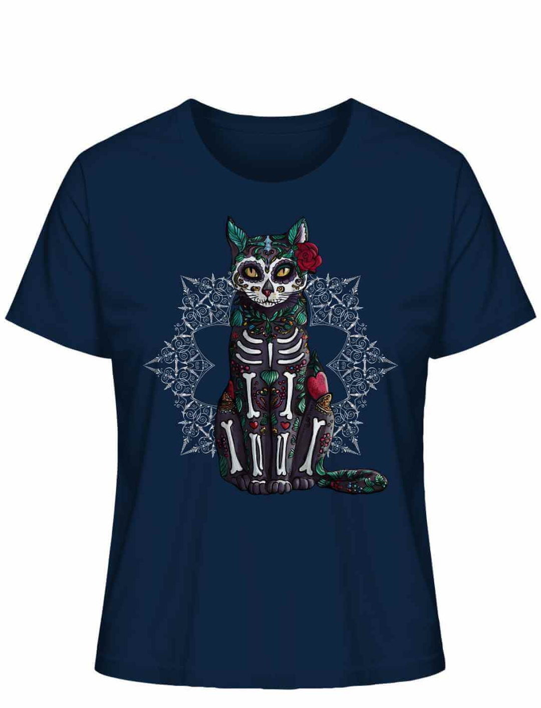 Catrina Felina Damen T-Shirt in French Navy – Produktabbildung auf weißem Hintergrund, inspiriert von mexikanischer Mystik und Katzencharme.