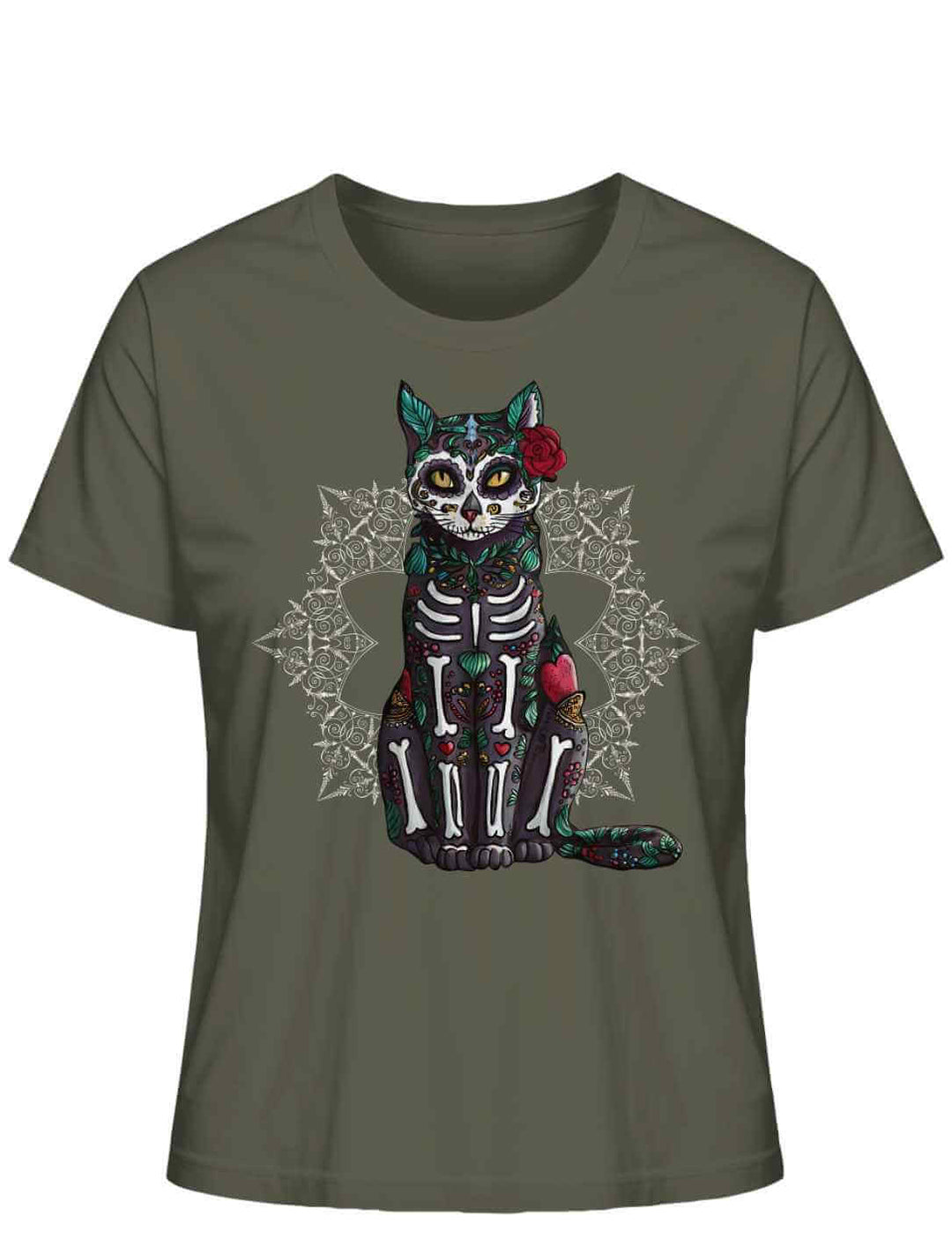 Catrina Felina Damen T-Shirt in Khaki – Produktabbildung auf weißem Hintergrund mit Katzenzauber im Día de los Muertos-Stil.