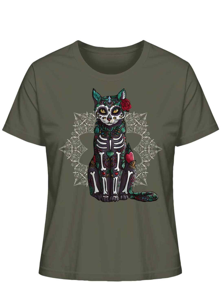 Catrina Felina Damen T-Shirt in Khaki – Produktabbildung auf weißem Hintergrund mit Katzenzauber im Día de los Muertos-Stil.