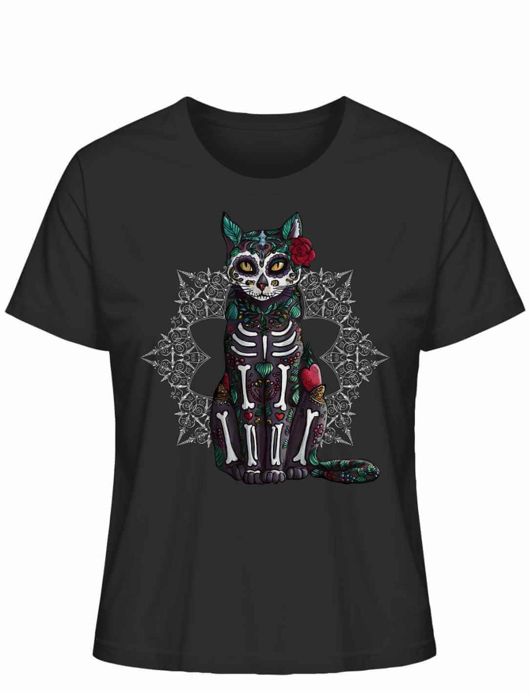 Catrina Felina Damen T-Shirt in Schwarz – Produktabbildung auf weißem Hintergrund mit mystischem Katzenmotiv, inspiriert vom Día de los Muertos.