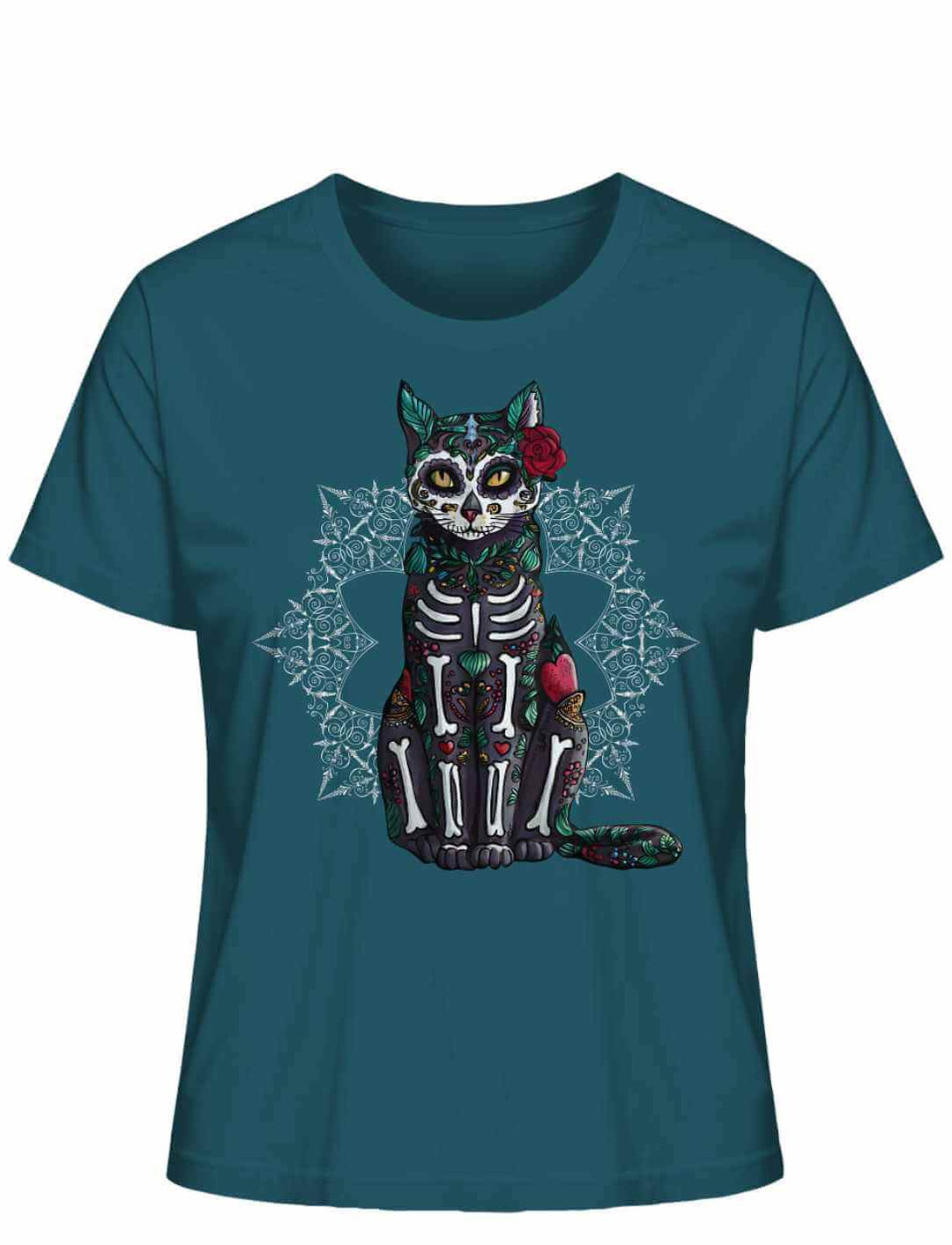 Catrina Felina Damen T-Shirt in Stargazer – Produktabbildung auf weißem Hintergrund mit mystischem Katzenmotiv, inspiriert von der Magie des Día de los Muertos.
