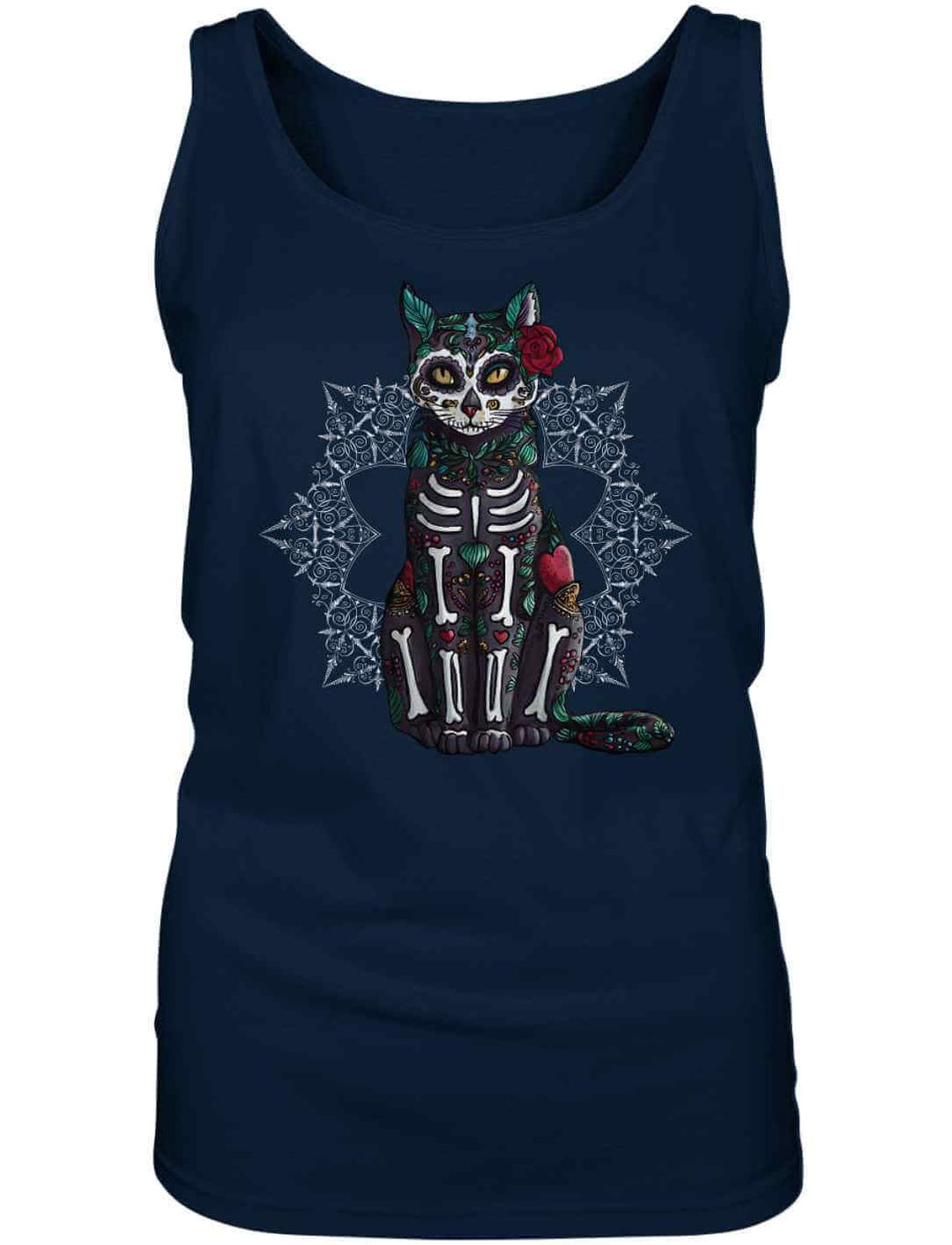 Catrina Felina Damen Tank Top in Navy – Mystisches und kunstvolles Design, inspiriert von Día de los Muertos.