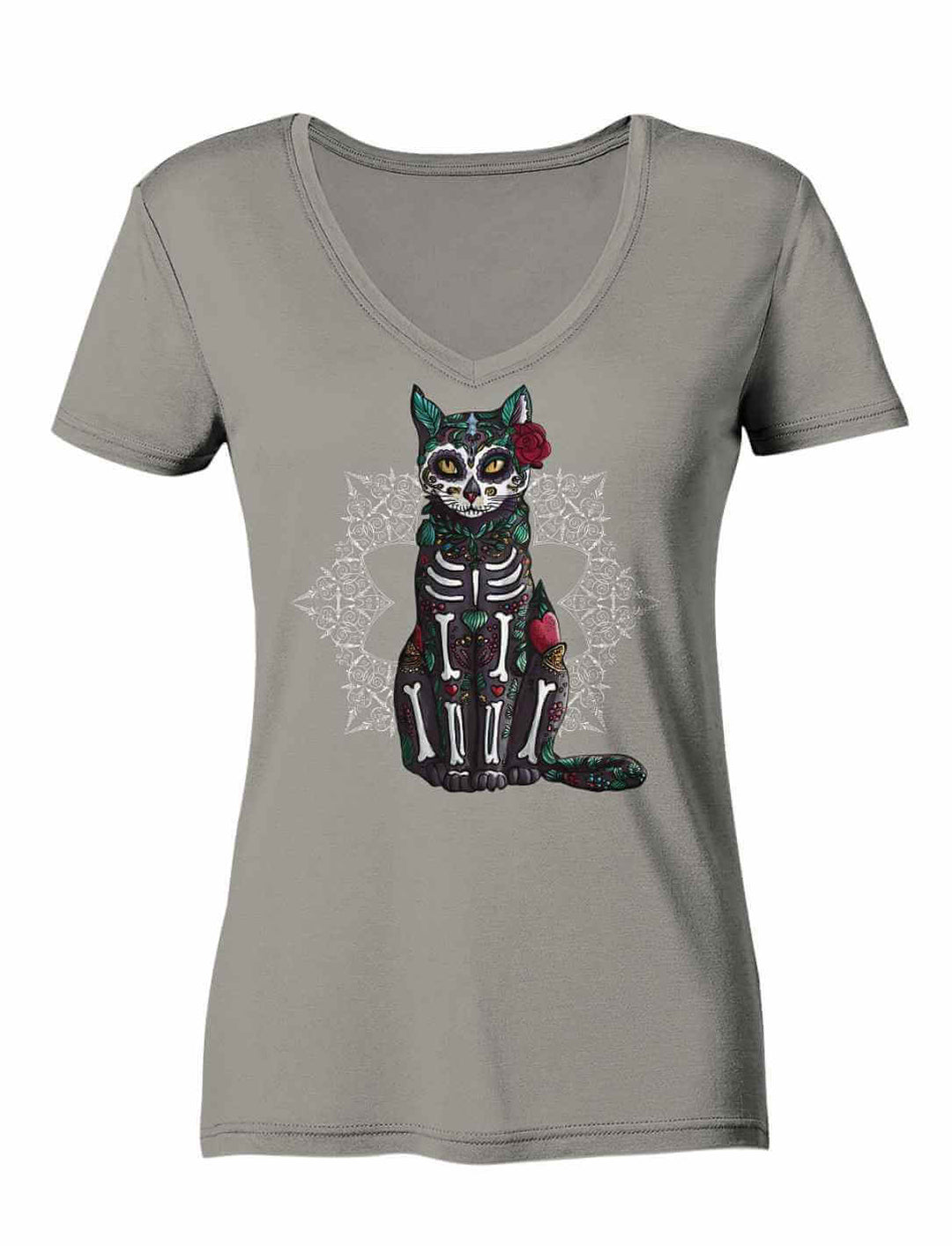 Catrina Felina Damen V-Neck Shirt in Light Grey auf weiĂem Hintergrund