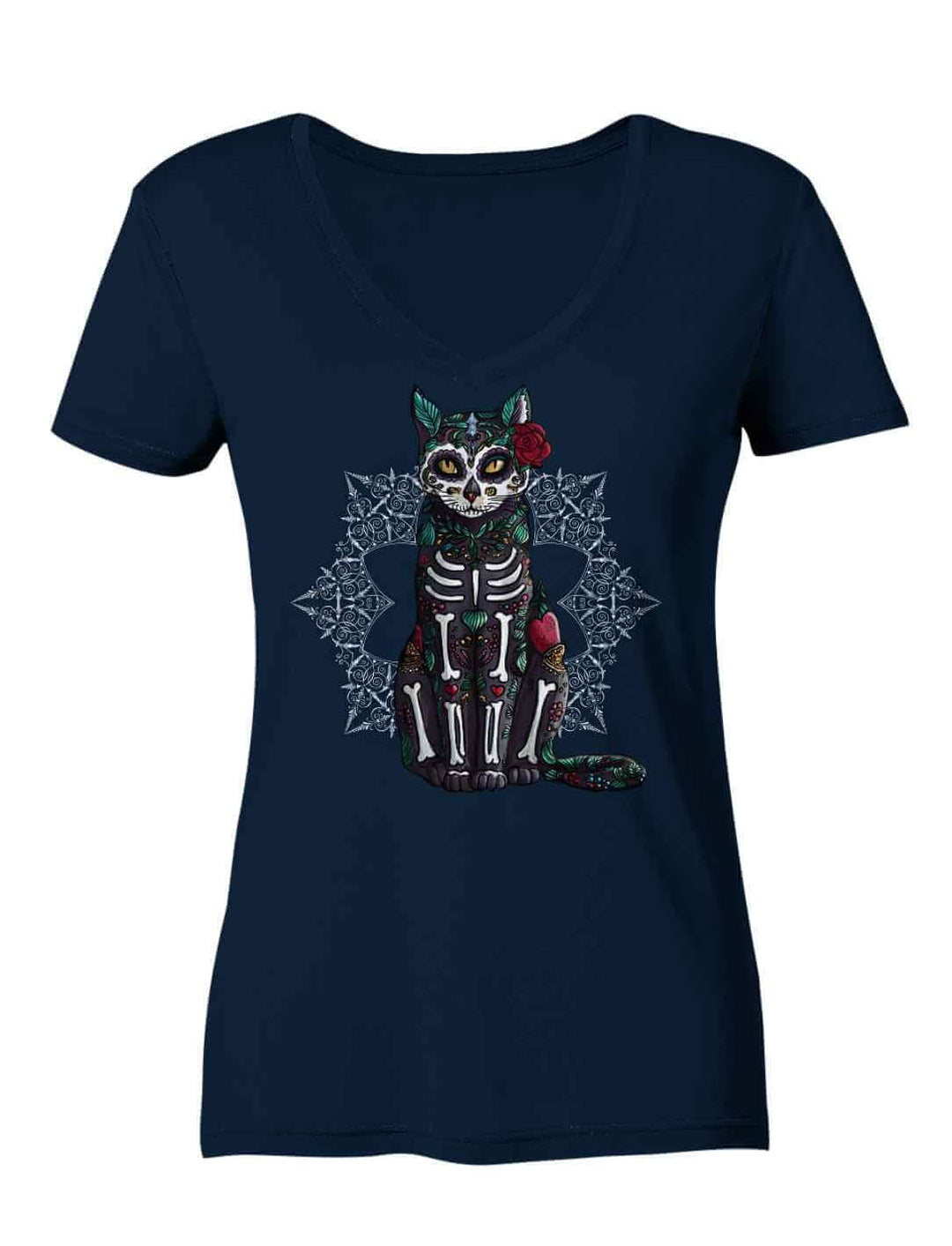 Catrina Felina Damen V-Neck Shirt in Navy auf weiĂem Hintergrund