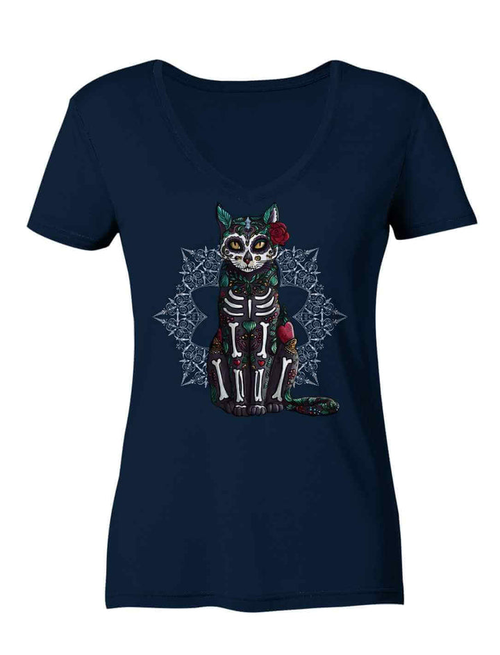Catrina Felina Damen V-Neck Shirt in Navy auf weiĂem Hintergrund