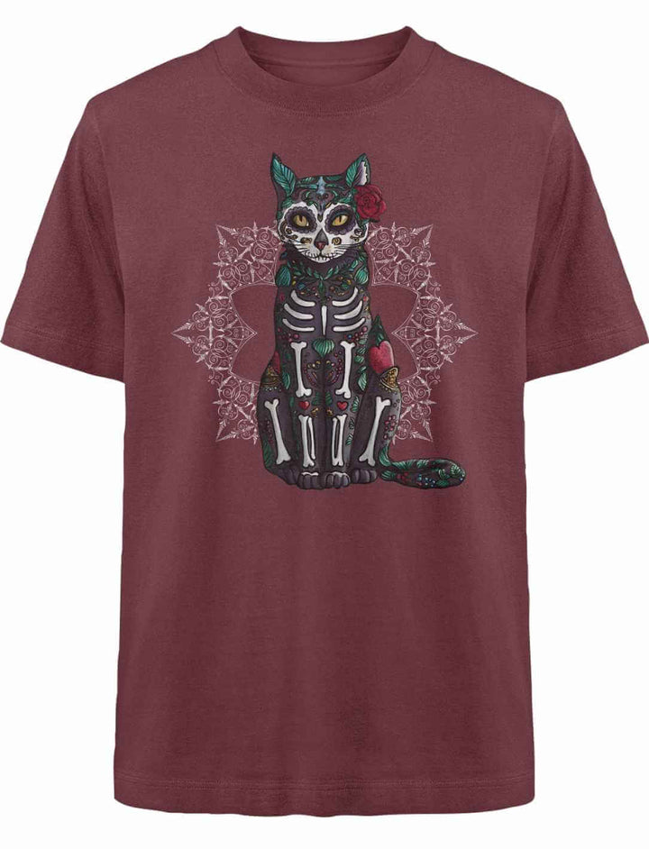 Catrina Felina Oversized Shirt in Burgund – Lässiges Design, das die Mystik der Katze und die Tiefe der mexikanischen Kultur im Oversized-Stil vereint.