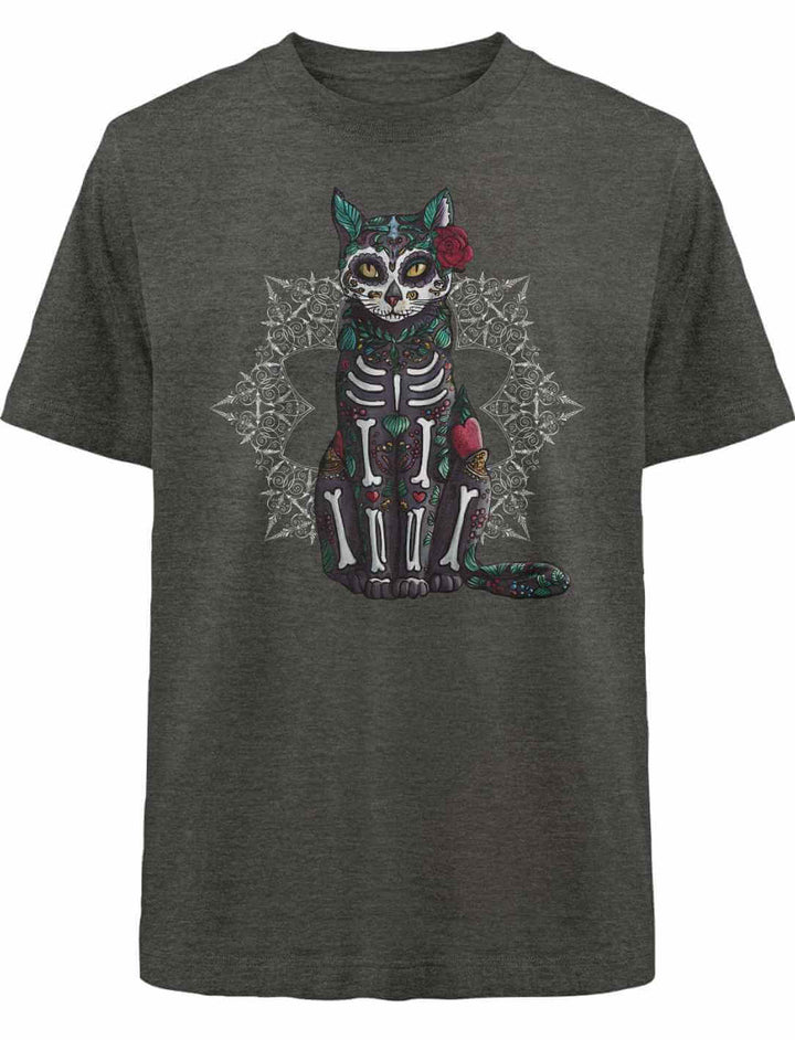 Catrina Felina Unisex Oversized Shirt in Dark Heather Grey – Ausdrucksstarke Symbolik mit einer Kombination aus Katzengeist und Día de los Muertos, im lockeren Oversized-Fit.